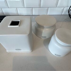 Restoration Hardware bath storage canisters and tissue cover box